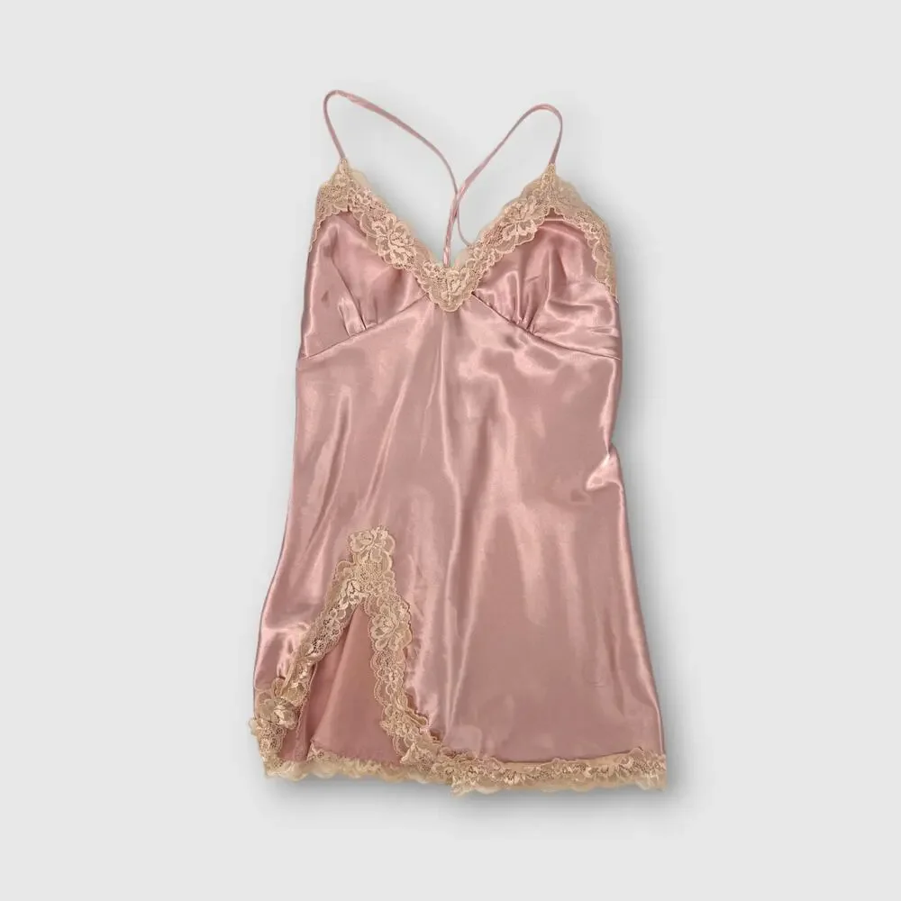Y2K Pink Satin Lace Trim Slip Mini Dress Open Back Tie Coquette Size S - Picture 6 of 6